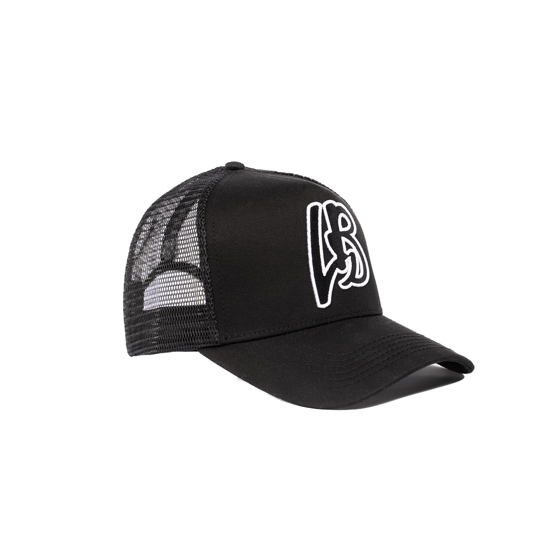 LUCKY BOY TRUCKER [black logo, white outline]