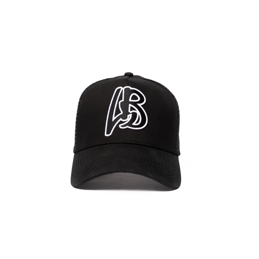 LUCKY BOY TRUCKER [black logo, white outline]